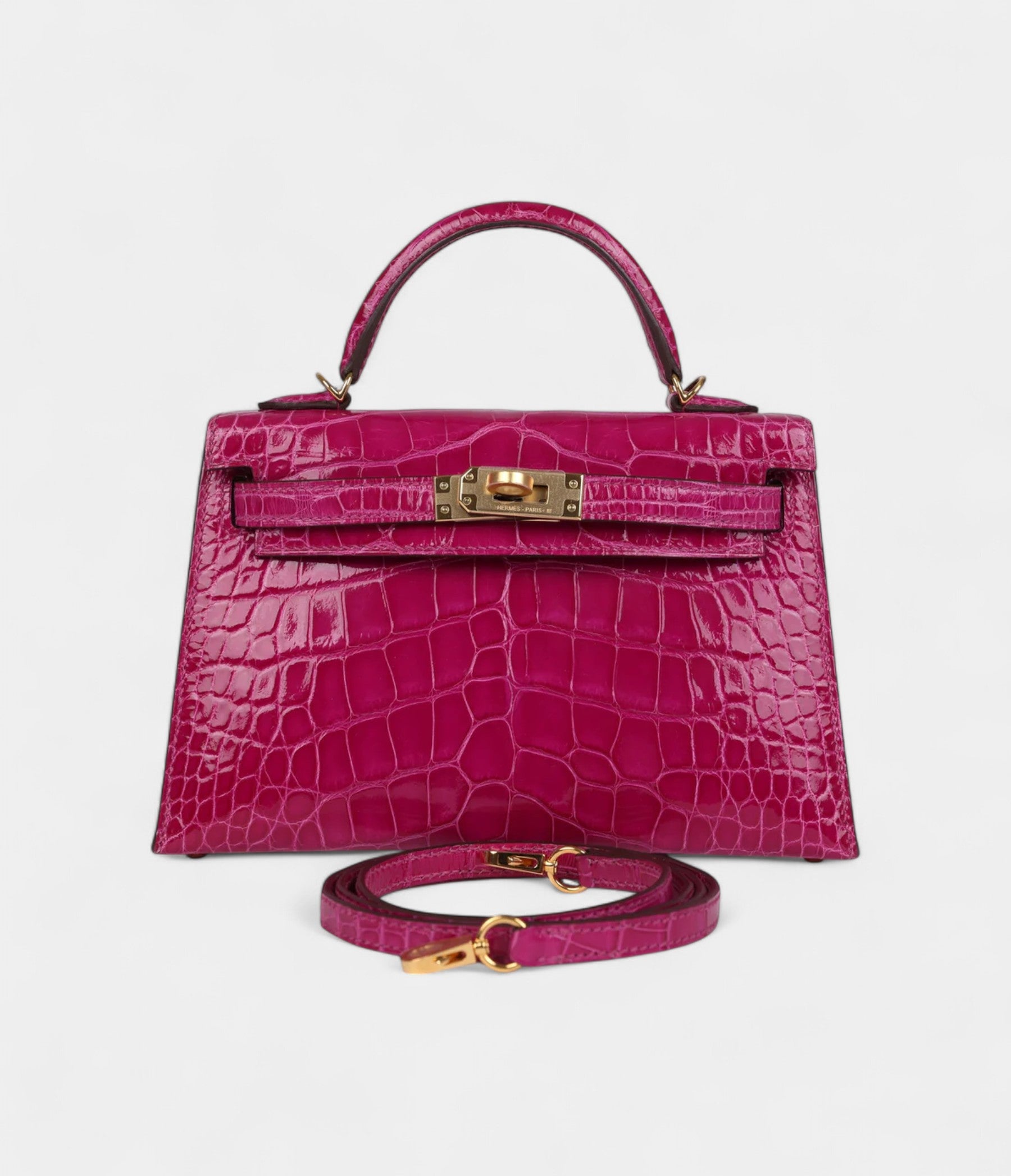 Hermès Kelly Sellier 20 Rose Scheherazade Shiny Alligator Gold Hardware