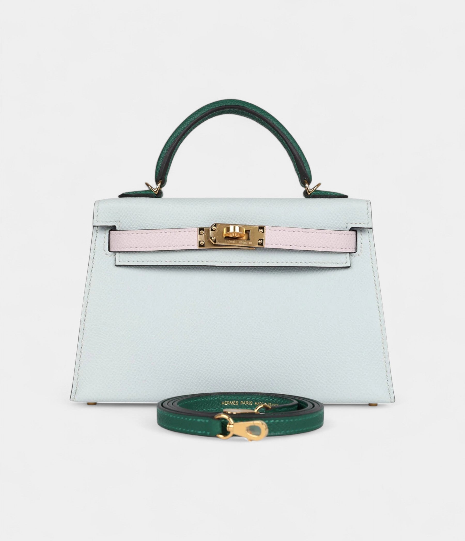 Hermès Kelly Sellier 20 Tri-color Platinum Grey, Pale Mauve and Medium Green Epsom Gold Hardware