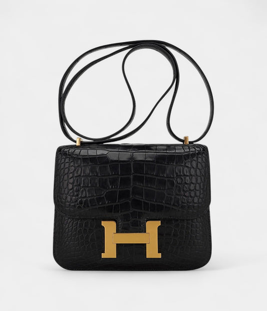 Hermes Mini Constance 18 Bag Black Matte Alligator with Gold Hardware and Mirror