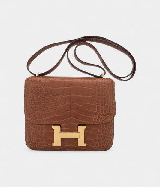 Hermes Mini Constance 18 Bag Gold Matte Alligator with Gold Hardware and Mirror