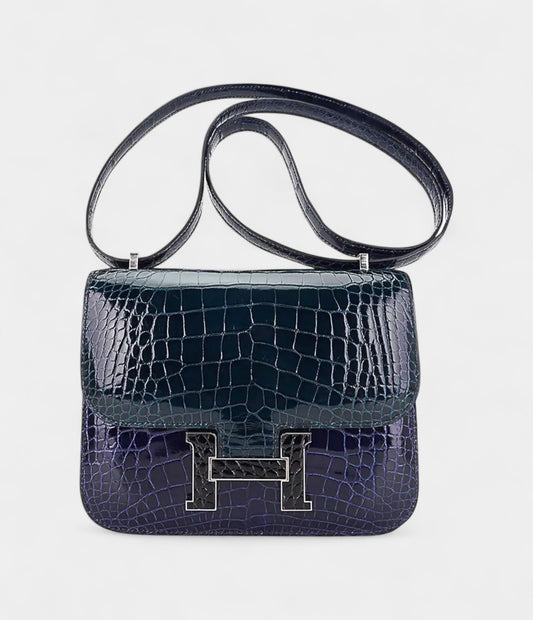 Hermes Mini Constance 18 Bag Tri-Color Blue Sapphire, Vert Rousseau, & Black Alligator with Palladium Hardware