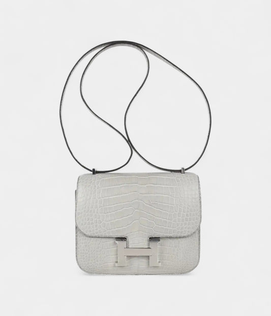Hermes Mini Constance Bag 18 Gris Perle Matte Alligator with Palladium Hardware