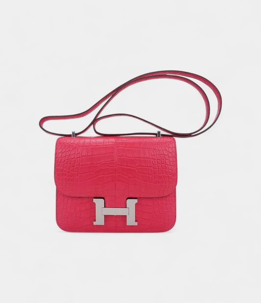 Hermes Mini Constance Bag 18 Rose Extreme Matte Alligator with Palladium Hardware