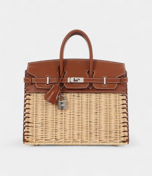 Hermès Naturel Wicker and Fauve Barenia Picnic Birkin 25 Palladium Hardware
