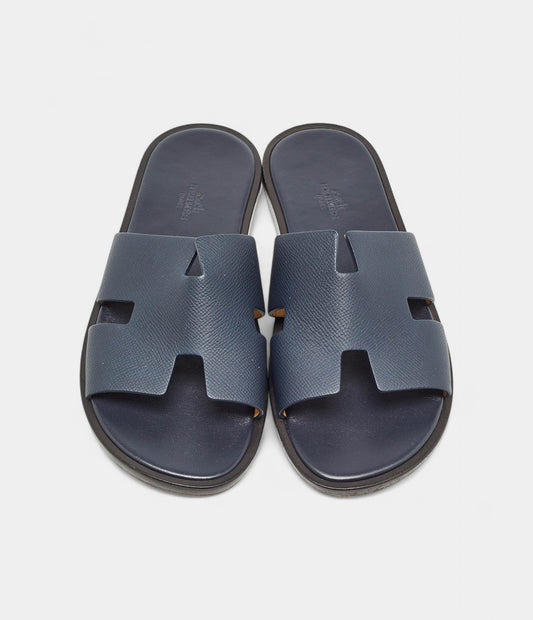 Hermes Navy Blue Leather Izmir Flat Slides 40 EU