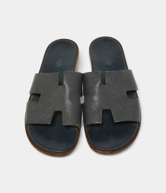 Hermes Navy Blue Leather Izmir Slides 44 EU