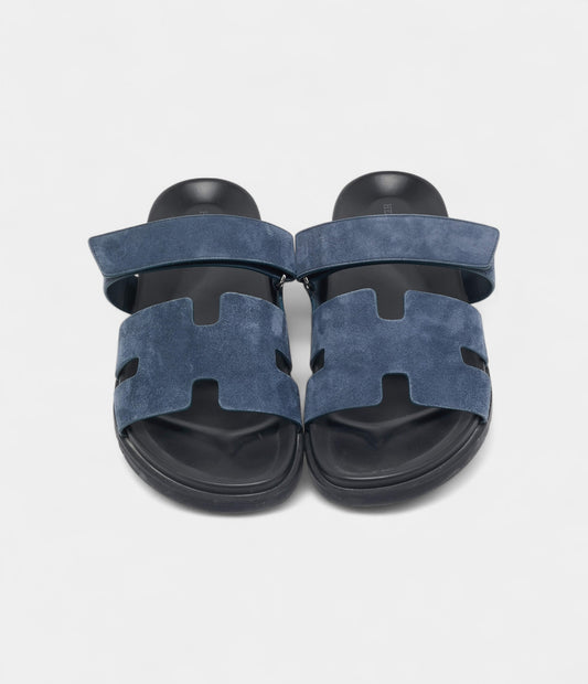 Hermès Navy Blue Suede Chypre Sandals 45.5 EU