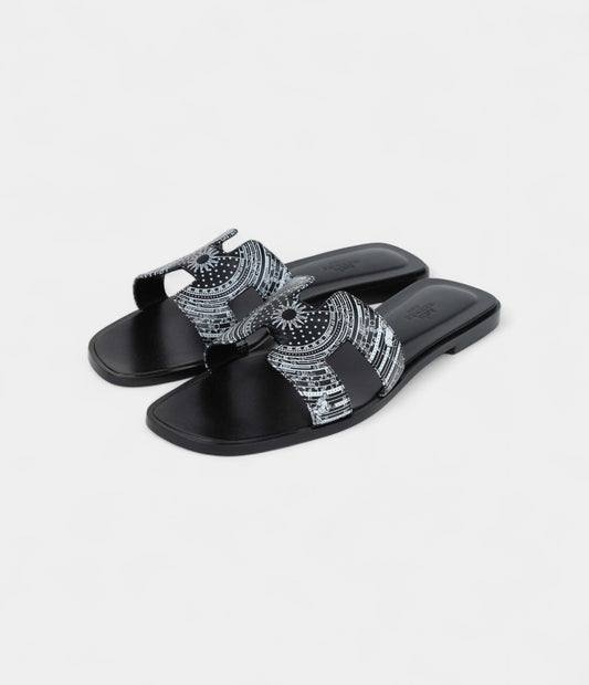 Hermès Oran Sandals Black and White Calfskin