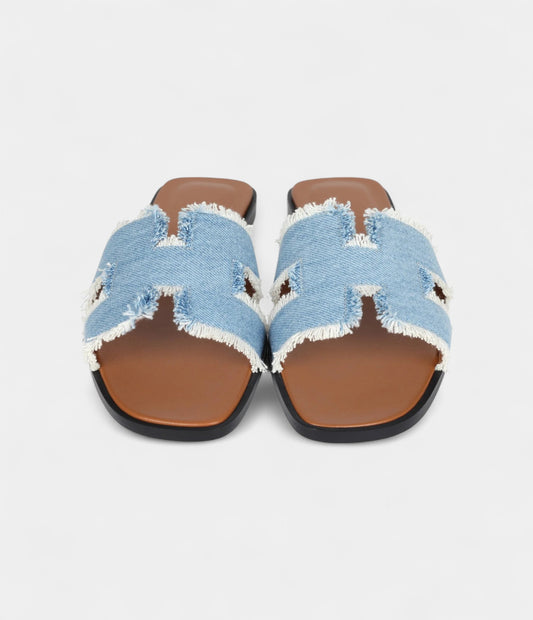 Hermès Oran Sandals Bleu Clair Denim Fringe 38.5 EU