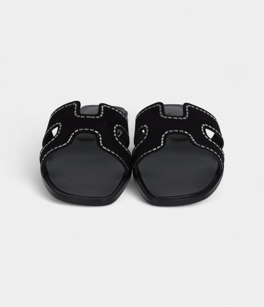 Hermès Oran Sandals Crystal Embellished Black Suede 39 EU