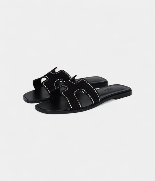 Hermès Oran Sandals Crystal Embellished Black Suede