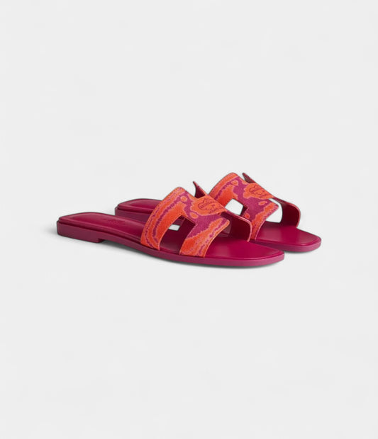 Hermès Oran Sandals for Women –in Pink & Orange with Synthetic Rubber Sole Cotton Canvas