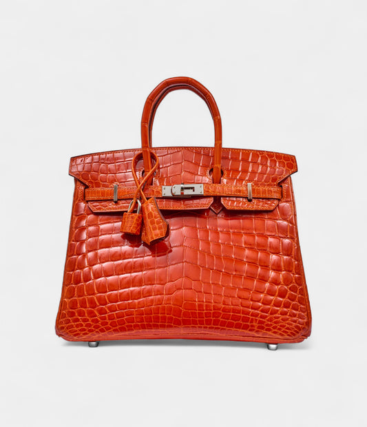 Hermès Orange Shiny Niloticus Crocodile Birkin 25 Palladium Hardware