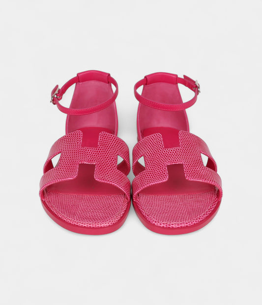 Hermès Santorini Sandals Rose Flash Lizard Palladium Hardware 36