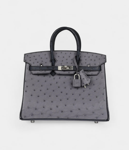 Hermès Special Order Gris Agate and Bleu Indigo Ostrich Brushed Palladium Hardware