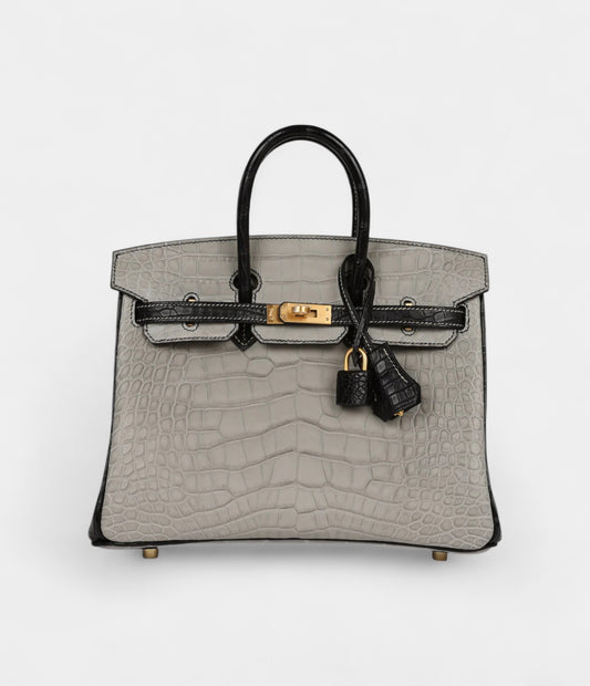 Hermès Special Order Gris Perle and Black Matte Alligator Mississippienis Brushed Gold Hardware