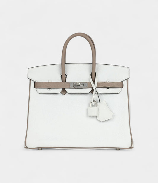 Hermès Special Order White and Etoupe Clemence Brushed Palladium Hardware