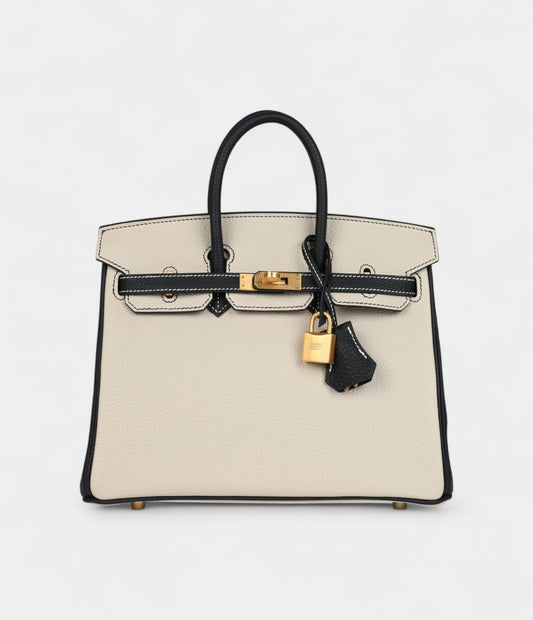 Hermès Birkin 25 Craie and Black Togo Brushed Gold Hardware