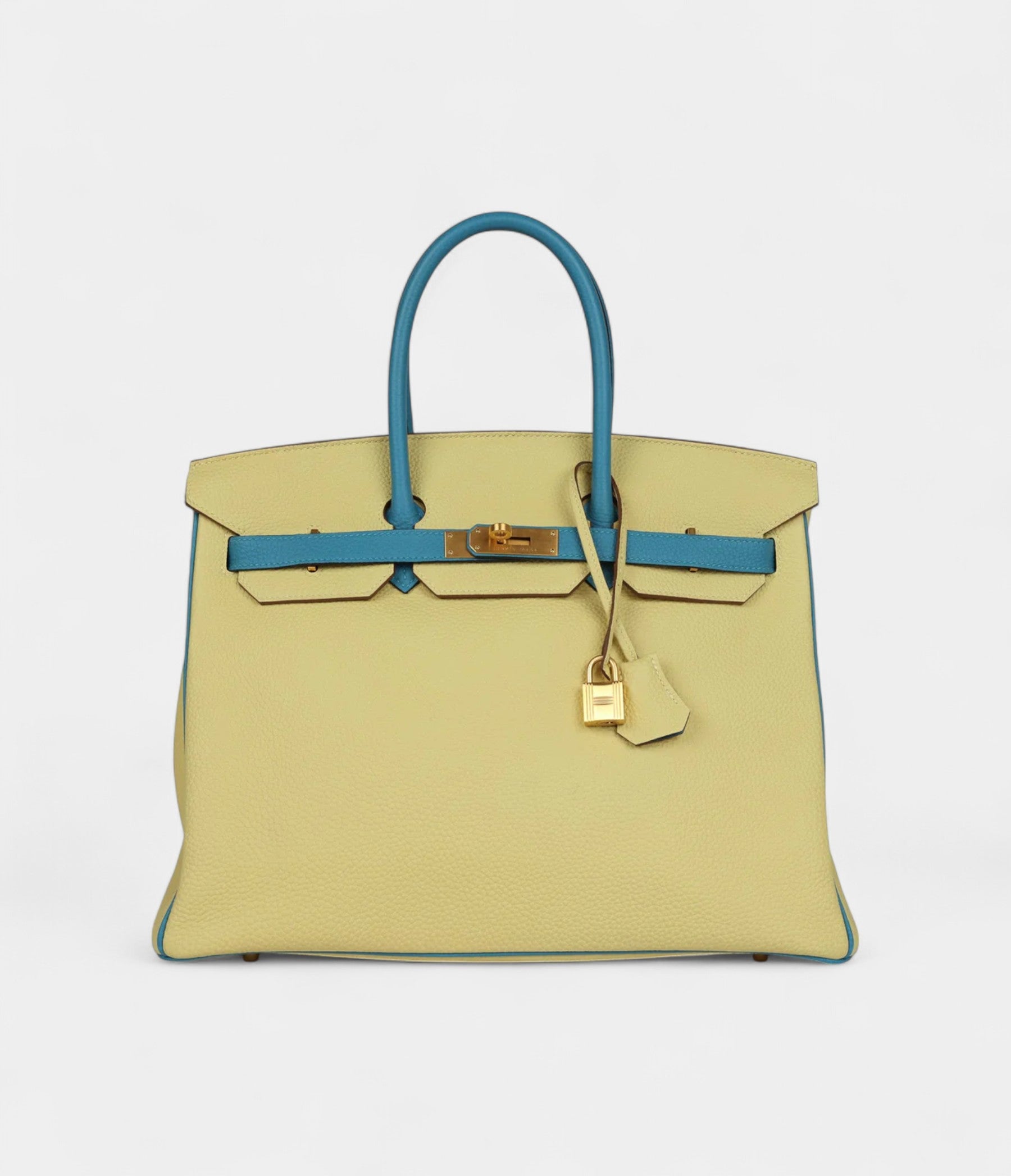 Hermès Birkin 35 Jaune Poussin and Bleu Paradise Togo Brushed Gold Hardware