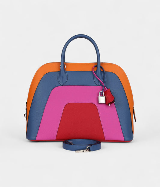 Hermès "Sunset" Rainbow Bolide 31 Abricot, Bleu Agate, Magnolia and Rouge Casaque Epsom Palladium Hardware