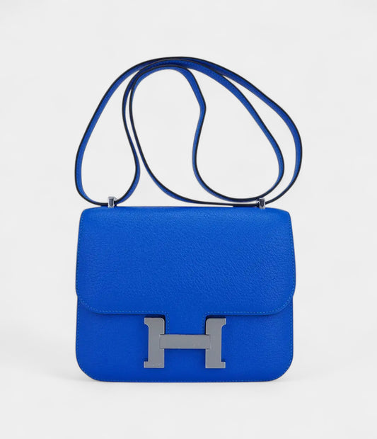 Hermes Verso Mini Constance 18 Bag Bleu Hydra and Deep Bleu Chevre Leather with Palladium Hardware