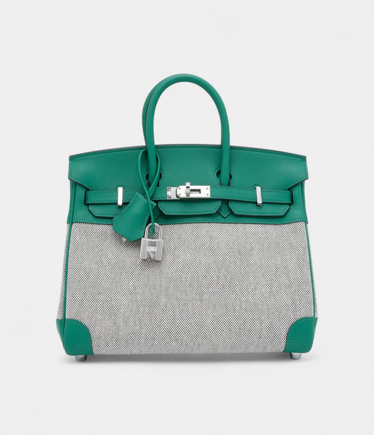 Hermès Vert Vertigo Swift and Ecru and Black Toile Verso Quadrille Birkin 25 Palladium Hardware
