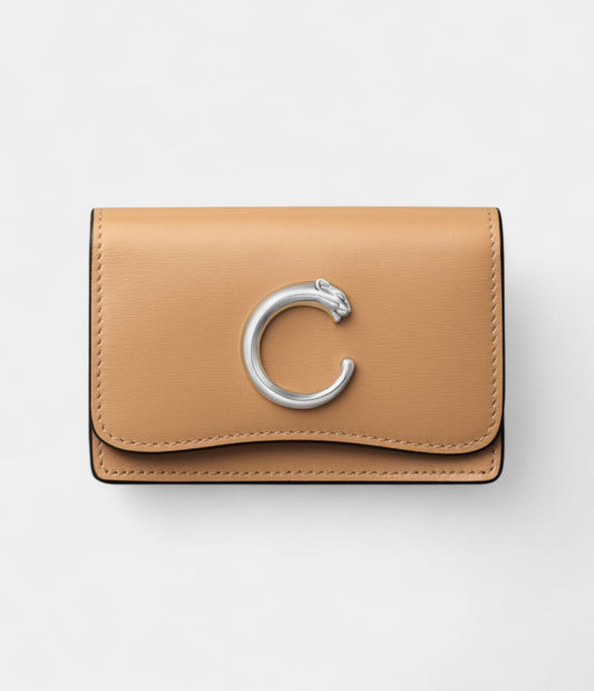 Panthère C De Cartier Business Card Holder With Zipper Camel Beige Calfskin