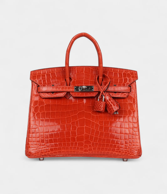 Hermès Birkin 25 Orange Poppy Shiny Niloticus Crocodile Palladium Hardware