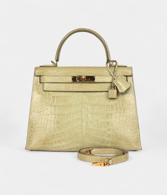 Vintage Hermes Kelly 28 Celadon Natura Shiny Alligator Gold Hardware