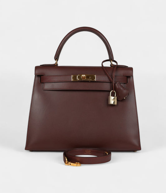 Vintage Hermes Kelly 28 Noisette Box Gold Hardware