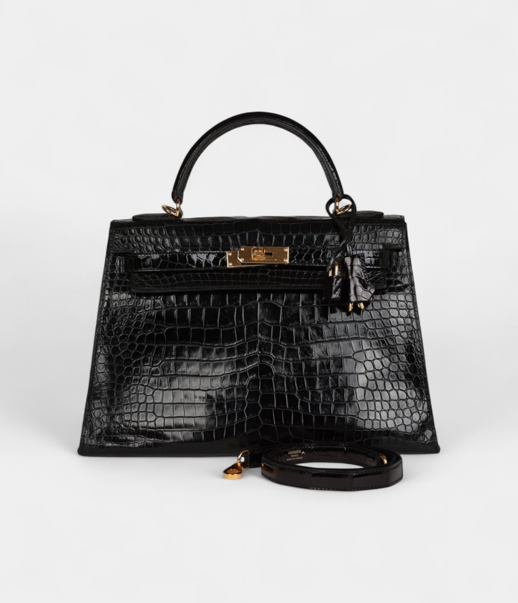Vintage Hermès Kelly 32 Black Shiny Porosus Crocodile Gold Hardware