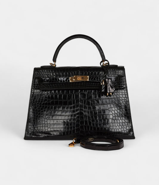 Vintage Hermès Kelly 32 Black Shiny Porosus Crocodile Gold Hardware