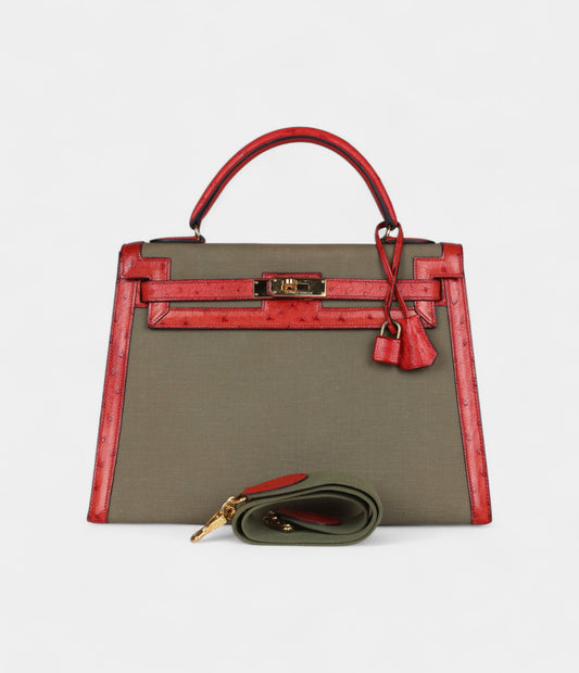 Vintage Hermès Kelly 32 Vivid Ostrich Leather and Vert Olive Green Canvas Gold Hardware