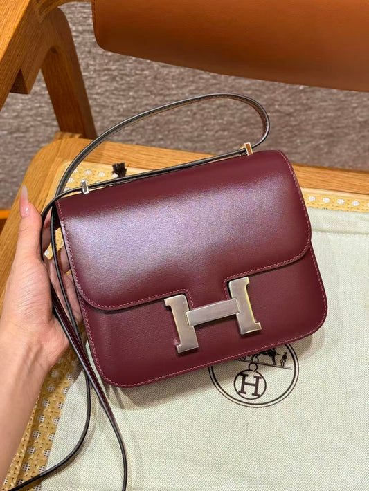 Hermès Constance 19  Rouge H Box Calfskin  silver  Hardware